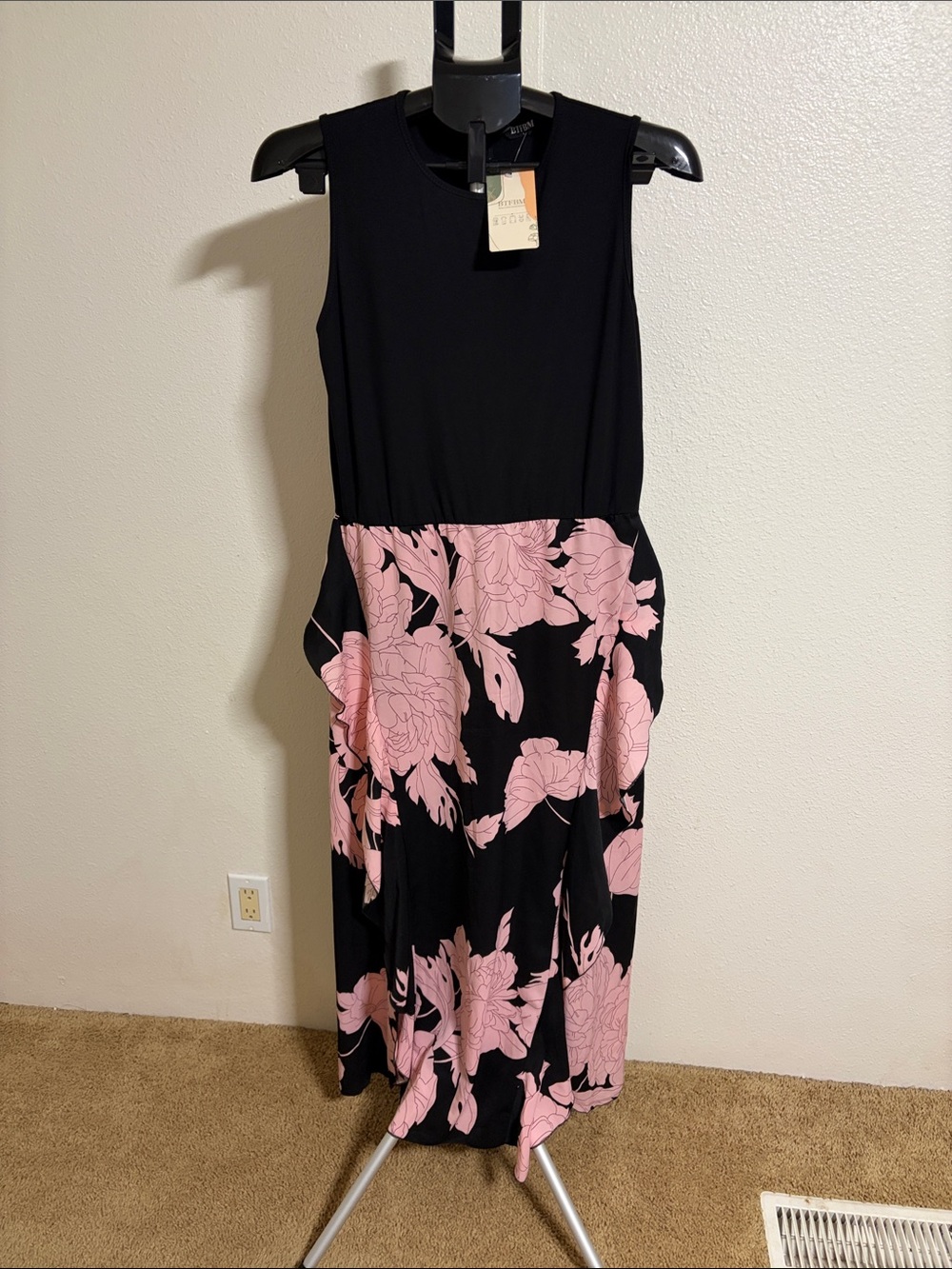 Black Sleeveless Maxi Dress with Pink Floral Skirt